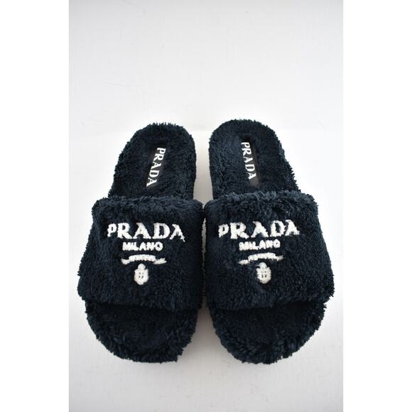 Prada Black Terry Cloth White Logo Slide Sandal Rubber Flip Flop Flat UK12 US 13 - Picture 5 of 12